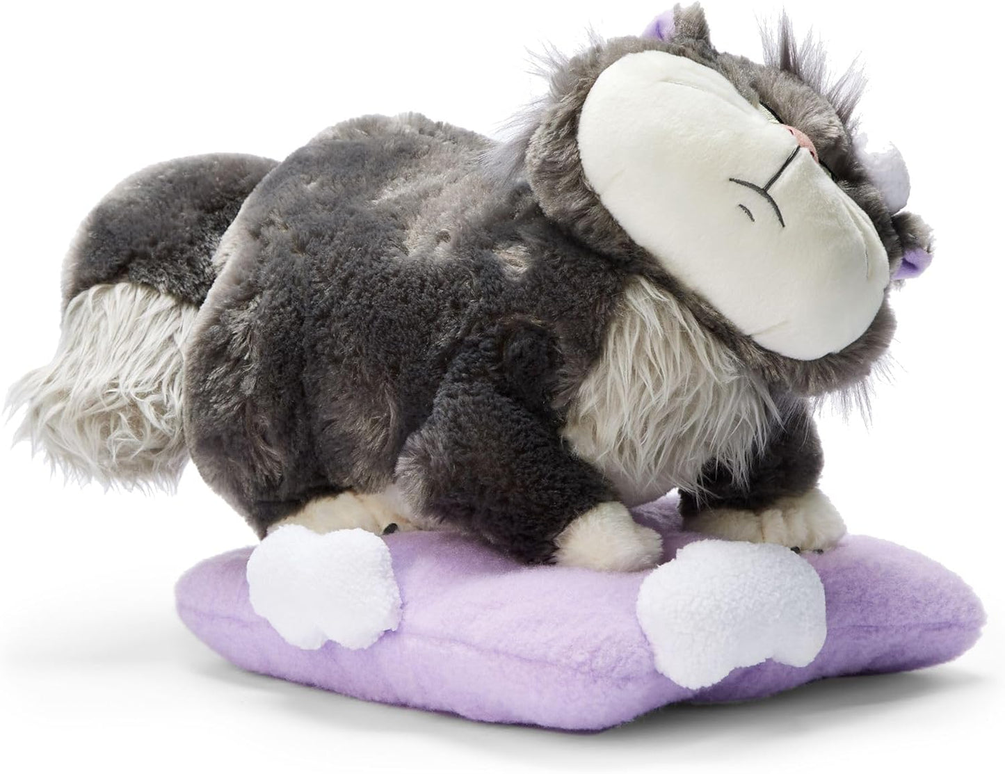 Cinderella Luzifer Kuscheltier 28 cm Flauschige Plüschkatze auf lilafarbenem Kissen