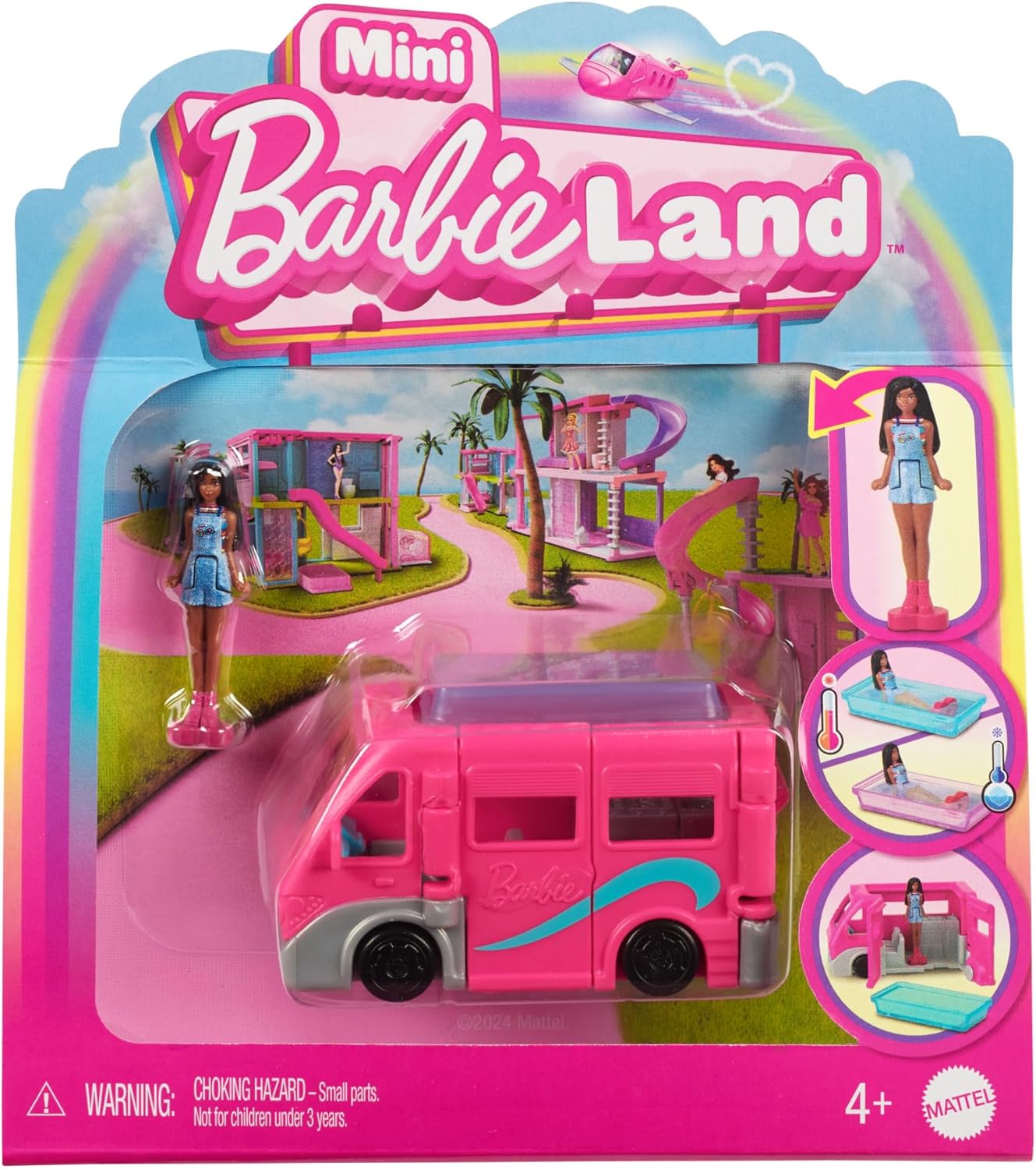 Barbie Mini BarbieLand Puppe und Spielzeugfahrzeug-Set, ca. 4 cm große Barbie-Puppe und DreamCamper mit funktionierenden Türen und Farbwechsel-Pool