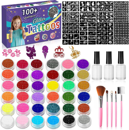 Glitzer Tattoo Set - 36 Farben,Temporäre Tattoo Glitzer für Kinder,Glitzer Make-up Kit für Mädchen,222 Schablonen,3 Klebstoffen, für Geburtstag Karneval.