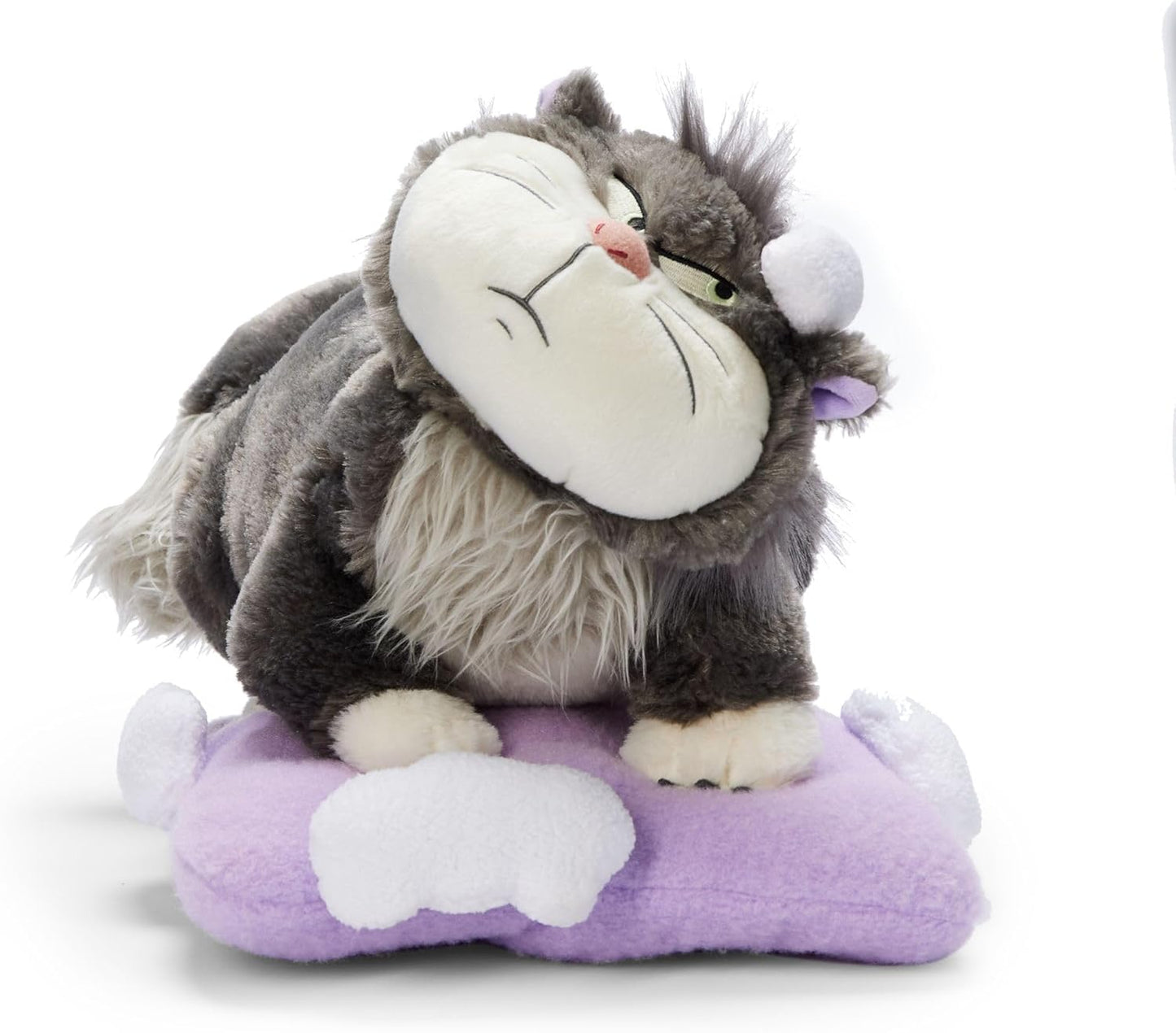 Cinderella Luzifer Kuscheltier  28 cm Flauschige  Plüschkatze auf lilafarbenem Kissen