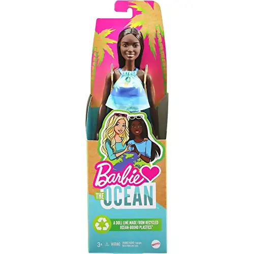 Barbie GRB37 - Loves the Ocean Puppe im Meeres-Print Rock & Top (ca. 30 cm groß, brünett), aus recyceltem Kunststoff, mit Mode und Zubehörteilen, Spielzeug Geschenk für Kinder von 3 bis 7 Jahren - Angeltoys